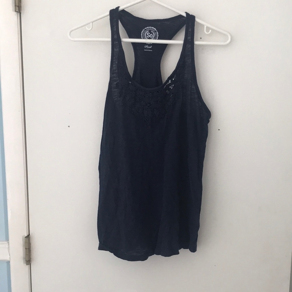 Navy blue racer back tank with lace detail